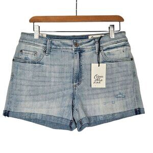 Cosmic Blue Love Womens Denim Shorts Mid Rise Size 27 Light‎ Wash Distressed NWT
